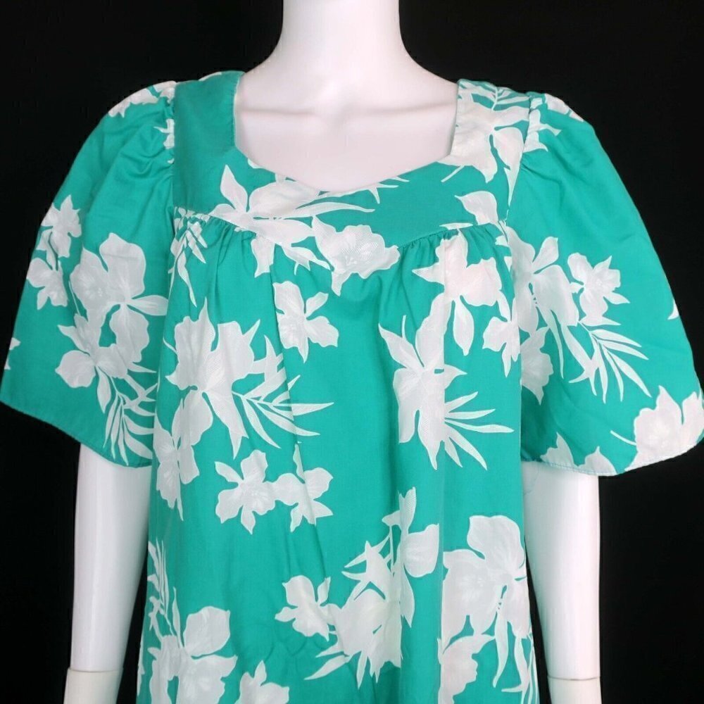 Aikane Hawaii Aloha Vintage Muumuu Lounge Trumpet Dress Green Floral Women's XL - Picture 2 of 4